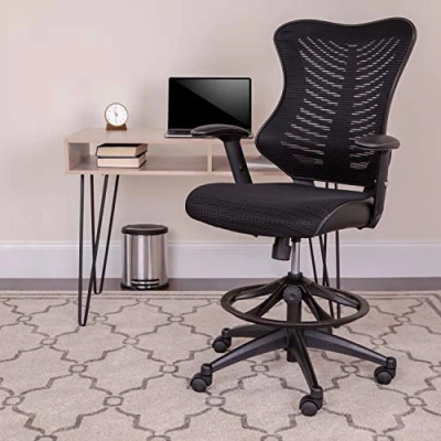 Immagine di Flash Furniture Sedia di design con schienale alto, tessuto a rete, in pelle morbida, braccioli regolabili, colore: nero