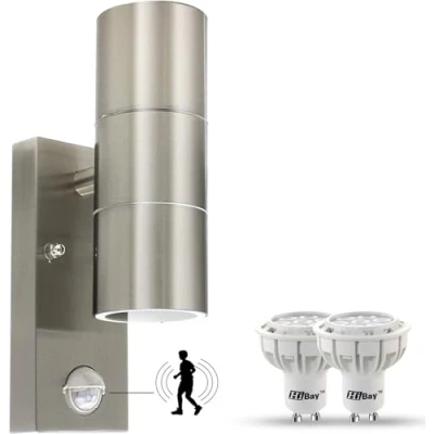 Immagine di HiBay Applique da Esterno/Interno LED con Sensore di Movimento GU10,Luce Calda 7W,Lampada Parete Esterno IP44 Up Down Moderno Inox per Scala,Corridoio,Balcone,Villa Bagno