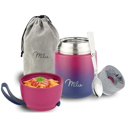 Immagine di Milu Thermo per Alimenti 450 ml Contenitore Termico di Acciaio Inossidabile, Isotermico Sottovuoto Cibi Caldi e Freddi (Blu Bacca, 450ml)