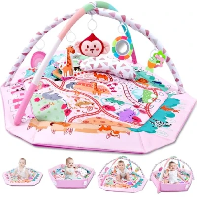 Immagine di TFDER 8 in 1 Palestrina Neonato Multifunzione, tappeto gioco e vasca palline con lati, Giocattoli Staccabili,Stimola Sviluppo del Tante Attività, Antiscivolo più Spesso, 0+ Mesi,Rosa