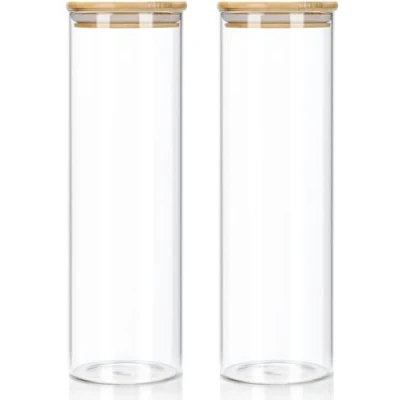 Immagine di Set di 2 barattoli con coperchio, 1400 ml, in vetro coperchio bambù, per spaghetti, da cucina, ermetici, borosilicato rinforzato