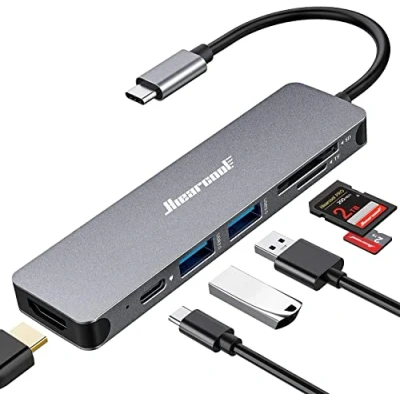 Immagine di Hiearcool Adattatore USB C per MacBook Pro, 7 in 1, con HDMI, compatibile computer portatili, Nintendo e altri dispositivi porta (HDMI 4K, 3.0, lettore di schede SD/TF, 100 W, PD)