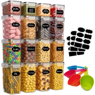 Immagine di Withosent Set di 16 contenitori ermetici da cucina con coperchio in plastica, per farina, cereali, cornflakes, 2 l, 1,6 0,8 l
