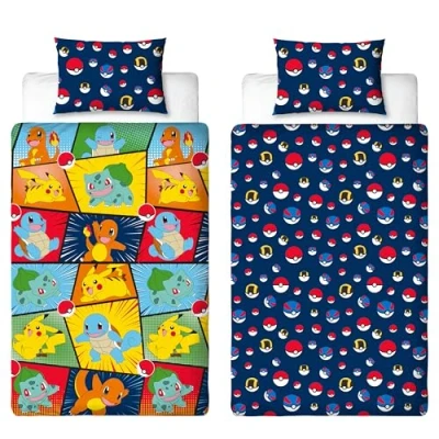 Immagine di set copripiumino singolo per bambini, con licenza ufficiale, motivo Pikachu, Bulbasaur, Charmander, Squirtle, reversibile, 2 lati, federa coordinata, letto bambini