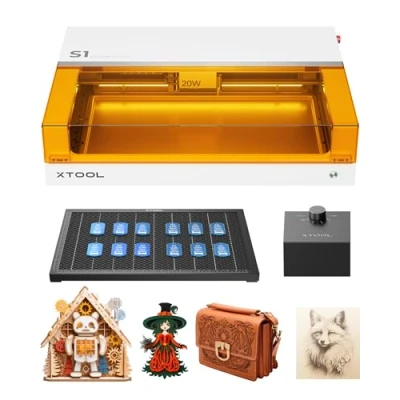 Immagine di xTool S1 20W Incisore Laser Basic Kit con Aisst Aria Intelligente e Pannello a Nido d&#039;Ape, Velocità 600 mm/s, Fuoco Automatico, Blocco Fumo, 498 * 330mm per Metallo, Legno, Acrilico, Tumbler (Bianco)