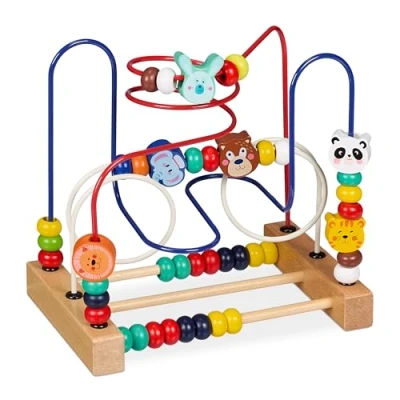 Immagine di Relaxdays Gioco in Legno per Bambini, Labirinto Cubo Muliattività Bimbi 1 Anno, Motricità Neonato, Design D Colorato, 21 x 22,5 14,5 cm