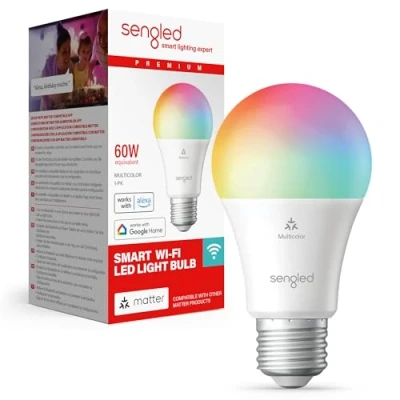 Immagine di Lampadina LED smart Sengled (E27), abilitata per Matter i Alexa, multicolore, equivalente a 60 W, 800 LM, abbinamento istantaneo, compatibile con richiesta, 2,4 GHz, Wi Fi, confezione da 1