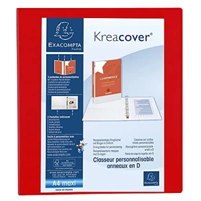 Immagine di Exacompta 51843RE 1 Raccoglitore Personalizzabile Kreacover 4 Anelli a D 40 mm Copertina Foderata PP con Tasca Fronte/Dorso/Retro Dorso 64 F.to Esterno 28.5x32 cm per A4 Maxi Rosso