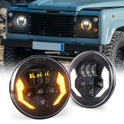 Immagine di MOVOTOR Fari a LED da 7 pollici, Defender con DRL bianco ambrato indicatori di direzione Hi/Lo Beam Round compatibili 90 110 Jeep Wrangler JK JKU TJ CJ Hummer Miata mx5 mk1