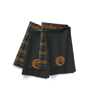 Immagine di MasterChef Strofinacci Cucina Cotone 100%, Stracci con Appendi, Set di 4 Canovacci per Mani, Asciugatura e Altro, Motivo a Righe, Lavabili in Lavatrice, Resistenti al Calore, Logo Ricamato