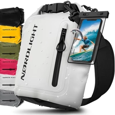 Immagine di Nordlight Dry Bag Sacca Impermeabile + Custodia per Cellulare Chiusura Arrotolabile, Tracolla Zaino Stagna Borsa Spiaggia, Canoa, SUP, Immersioni Bianco, 5 Litri