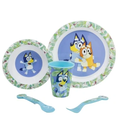 Immagine di Bluey Set da tavola per bambini, riutilizzabile, adatto al microonde, composto bicchiere, piatto, ciotola e posate, multicolore, Estándar, Casual