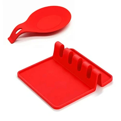 Immagine di Poggia utensili in silicone con tappetino antigoccia per più utensili, grande supporto mestolo, spatola, pinze, forchetta, set da 2, entrambi rosso