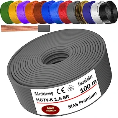Immagine di MAS Premium cavo da 5 a 100 m H07 V K 1 x 1,5 mm² SW, HBL, GNGE, GN, RT, DBL, BR, OR, GR, WS, VIO, U MAR.BL o GE singolo flessibile (grigio, m)