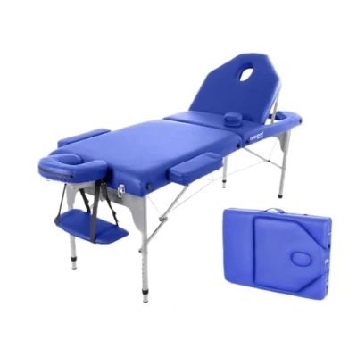 Immagine di QUIRUMED Lettino da massaggio pieghevole in alluminio, 186 x 66 cm, imbottito 14 similpelle, colore blu, altezza regolabile, schienale ribaltabile, leggero, fino a 150 kg