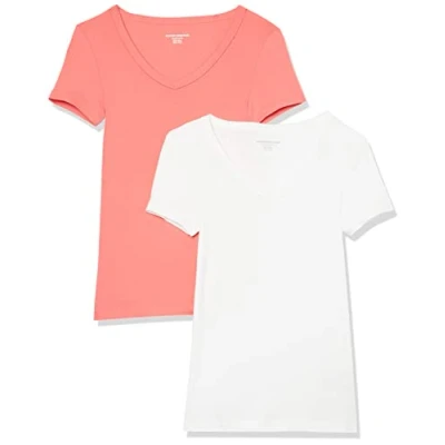 Immagine di Amazon Essentials T Shirt con Scollo a v Maniche Corte Slim Donna, Pacco da 2, Bianco/Rosa Shocking, XS