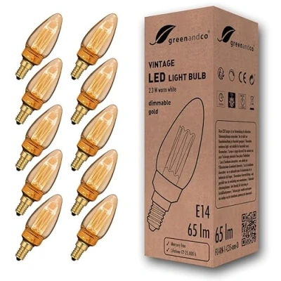 Immagine di greenandco 10x lampadina a LED dimmerabile di design vintage in stile retrò E14 C35 2,3W 65lm 1800K 320 230V, ambra, nessun sfarfallio