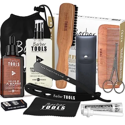Immagine di Set barba e rasatura per uomo Olio da barba, gel trasparente, rasoio spazzola pettine forbici, custodia Kit di accessori la