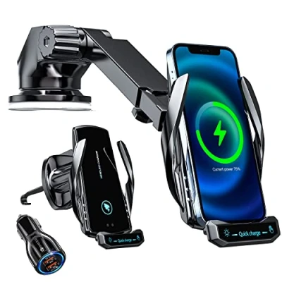 Immagine di 15W Qi Caricatore Wireless Auto[Senso elettromagnetico] compatibile con tutti gli smartphone, presa d&#039;aria, parabrezza e cruscotto (con caricabatterie da auto QC3.0)
