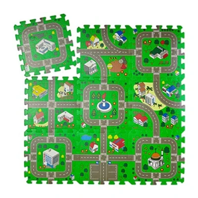 Immagine di Relaxdays Tappeto Puzzle con Immagine di Una Strada, 9, Atossico, in Gomma Piuma, LxP: 90x90 cm, Multicolore, Eva, Set da 9X tasselli