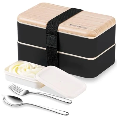 Immagine di Lunchbox portapranzo Scatole bento box contenitore originale divisore bundle stile giapponese con cucchiaio e forchetta in acciaio inox (Nero)