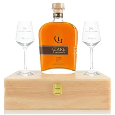 Immagine di Grappa Le Giare Amarone In Astuccio Di Legno 70 cl e 2 Bicchieri Tulipe