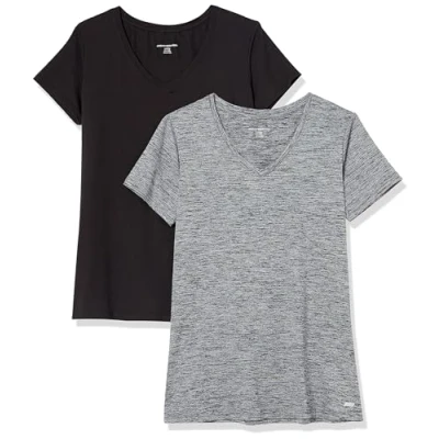 Immagine di Amazon Essentials T Shirt Tech Stretch a Maniche Corte con Scollo V (Disponibile in Taglia Forte) Donna, Pacco da 2, Grigio Scuro Tintura Policromatica/Nero, XS