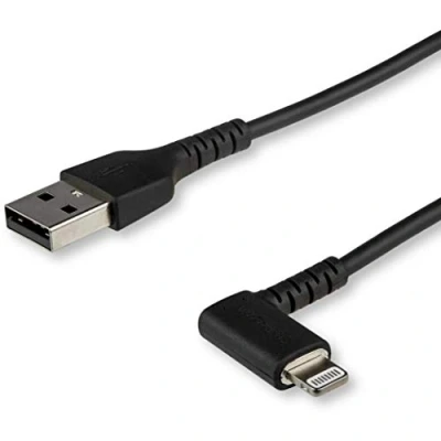 Immagine di StarTech.com Cavo da USB a Lightening 2m durevole, nero, angolo retto 90 in fibra aramidica, Certificato Apple MFi (RUSBLTMM2MBR)