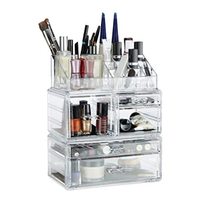 Immagine di Relaxdays Organizer Make Up con 21 Scomparti, Contenitore per Cosmetici, Rossetti, Trucchi, in Acrilico, Trasparente