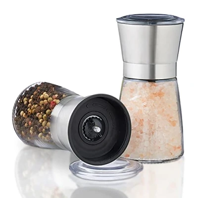 Immagine di Relaxdays Set 2 macina pepe manuali vetro acciaio inox, pregiato macinino per spezie regolabile in ceramica argento