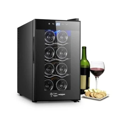 Immagine di Cantinetta Vino 25L Wooler8 Wintem Conservazione Elegante 8 Bottiglie, Frigo Bar Silenzioso con Illuminazione LED, Regolazione Temperatura 18C, Design Moderno per Arredamento, Classe Energetica A