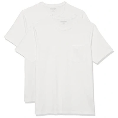 Immagine di Amazon Essentials Maglietta Girocollo a Maniche Corte con Taschino Uomo, Pacco da 2, Bianco, L