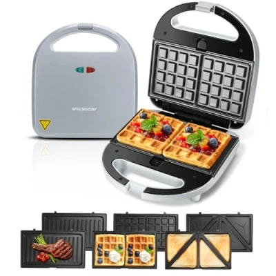 Immagine di Aigostar Sandwich Maker/Grill/Waffle Maker 3 in 1. 750W, Piastre antiaderenti e rimovibili, con sistema automatico termostatico, Impugnatura Cool Touch, Design esclusivo, Grigio, Grace