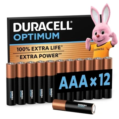 Immagine di Batterie Duracell Optimum AAA (confezione da 12) Pile Alcaline 1.5V Fino al 100% di extra durata o potenza Soddisfano i requisiti dei dispositivi moderni 0% plastica LR03 MX2400