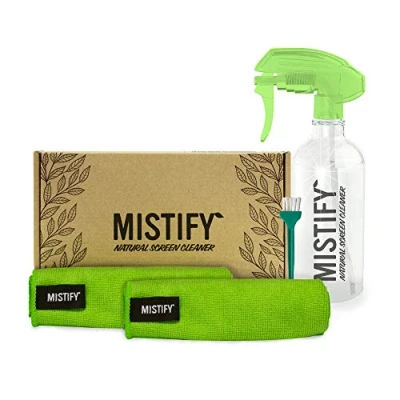 Immagine di Mistify Pulizia Schermo Naturale 500ml e 2 Panni in Microfibra [Smartphone Tablet Portatili Tastiere Touchscreen Oleofebiche Smartwatch LED TV LCD 4K]