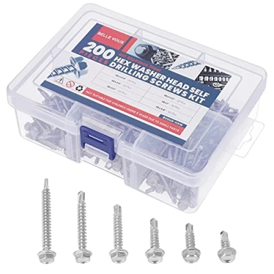Immagine di Belle Vous Set da 200 Viti Acciaio Inox Autoperforanti TEK n. 8 Kit Esagonali in 6 Dimensioni Autofilettanti per Metallo, Legno, Tetto Lamiera ed Edilizia