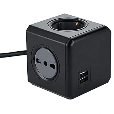Immagine di Electraline 62099 Multipresa Cubo Powercube 4 Posti con 2 USB 2.1A, Schuko + Spina Italiana, Bivalenti 10/16 Italiane, Colore Nero, Cavo 1.5M
