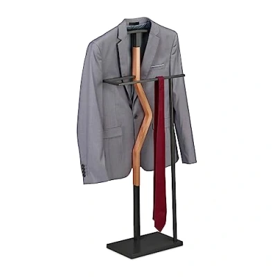 Immagine di Relaxdays Servo Muto da Camera, Appendiabiti Terra per Giacca e Pantalone 107x48x20 cm, Acciaio MDF, Grigio Marrone