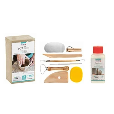 Immagine di Glorex 6 8075 299K set per creativi morbida da 2500 g in bianco, 100 ml di sigillante argilla e un 8 pezzi con strumenti modellare, Clay, white