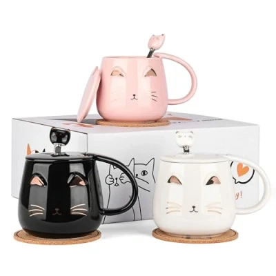 Immagine di DONGSHANGIFT tazza per gatti Set di 3 tazze in ceramica con coperchio, cucchiaio e sottobicchiere donne, bambini, amanti dei da 380 ml, (nero, bianco, rosa)