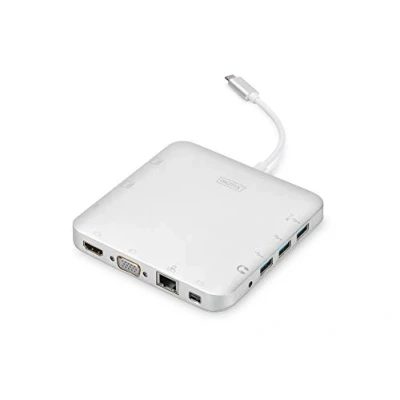 Immagine di DIGITUS Multiport Docking Station USB C Dock 11 porte HDMI mDP VGA, RJ45, 3x 3.0 Porta di ricarica, lettore schede Argento