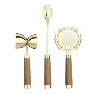 Immagine di Final Touch, set di 3 strumenti per la preparazione cocktail in ottone, include colino, cucchiaio e doppio Jigger acciaio inox 304 placcato ottone con manici legno FTA2100