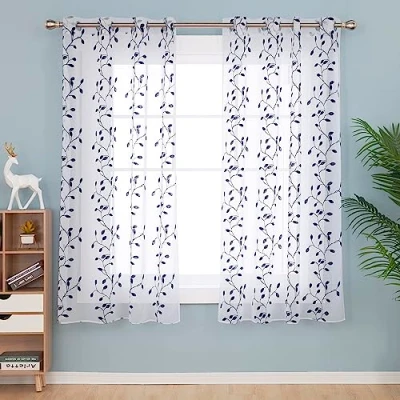 Immagine di Deconovo Tende Camera da Letto Ragazze Moderne 2 Pezzi Salotto Elegante Trasparenti in Voile Ricamate con Occhielli per Finestre Interni 140x183 CM Blu Navy