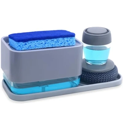 Immagine di dispenser di sapone per piatti con supporto spugna lavello da cucina, 4 in 1, liquido lavare i piatti, erogatore piano lavoro della grigio