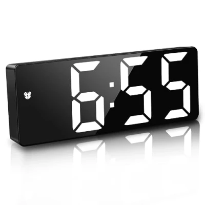 Immagine di JQGO Sveglia digitale, specchio da comodino con display della temperatura, data, ora, luminosità regolabile, alimentato USB e batteria per camera letto, ufficio, viaggio (senza specchio)