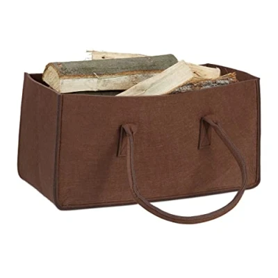 Immagine di Relaxdays Borsa per legna da ardere, in feltro, portatile, portariviste pieghevole, altezza 25 x 50 cm, marrone