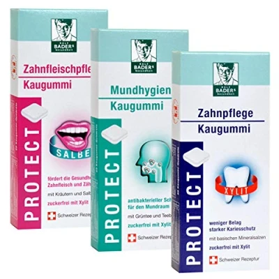 Immagine di BADERs PROTECT della farmacia. gomma da masticare funzionale. Tre varietà. Igiene orale, cura dei denti e delle gengive. 3 x 20 quadratini di in un blister.