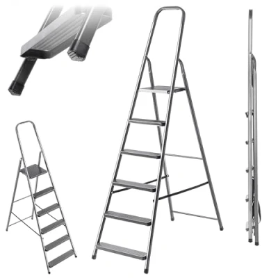 Immagine di KADAX scala a gradini in acciaio, pieghevole, con piedini antiscivolo, unilaterale ripiano, pioli, acciaio (6 gradini)