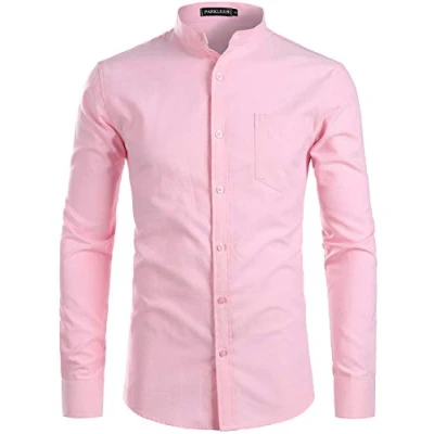 Immagine di PARKLEES Camicia Oxford da uomo con colletto a nonno, vestibilità aderente, maniche lunghe, casual, bottoni, tasca, Pz112 rosa, L