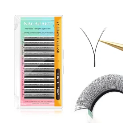 Immagine di NAGARAKU YY Ciglia Extension 4D a Forma di Y Ventagli Prefabbricati Volume Russo Premade Fans Naturale Eyelash Individuali Cluster Wispies Incrociate Opaco Nero 12 File(0.07 C 11mm）